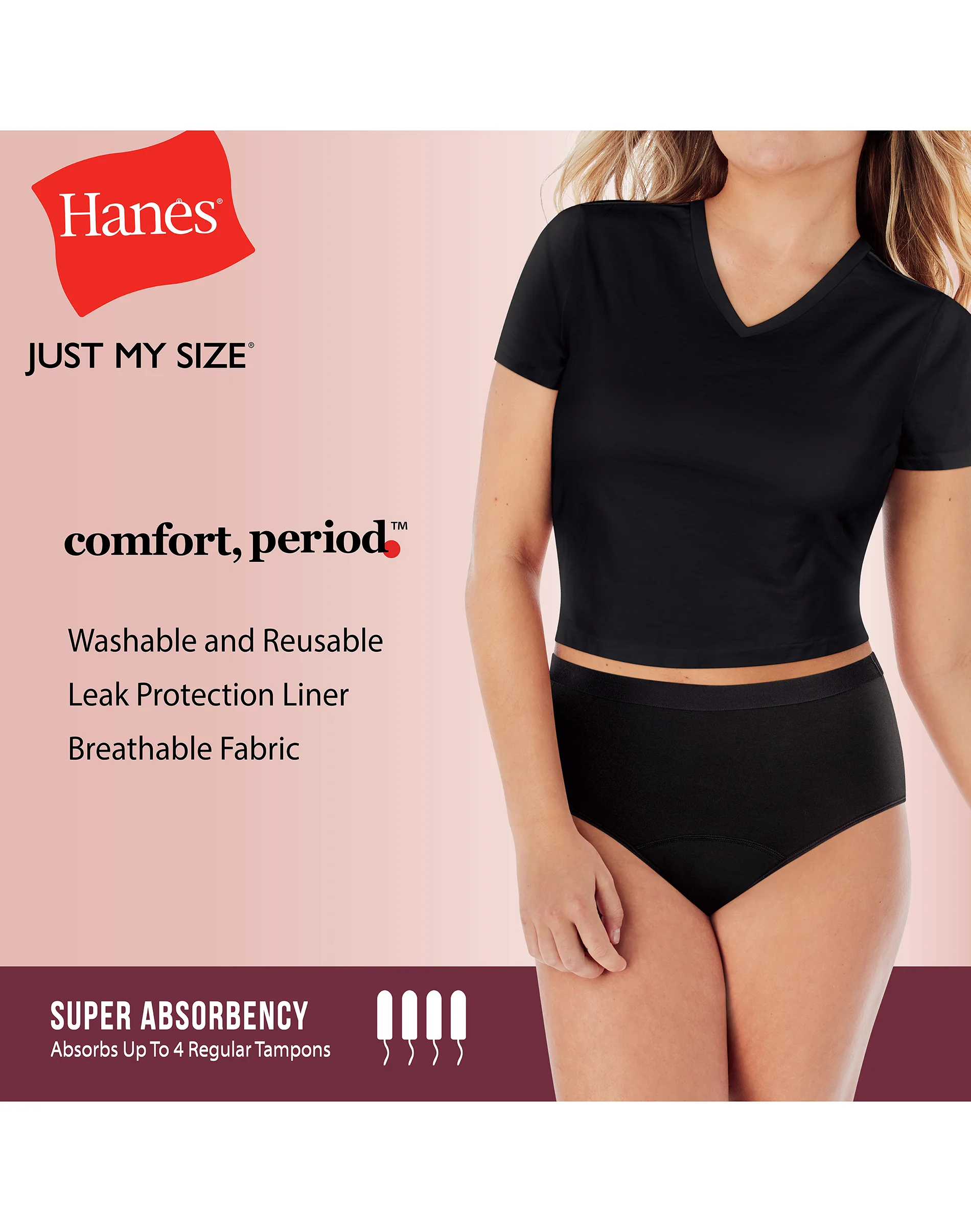 Hanes Just My Size Comfort, Period. Brief Period Underwear, Super Leaks, 2-Pack (PLUS SIZES) #SPP40A
