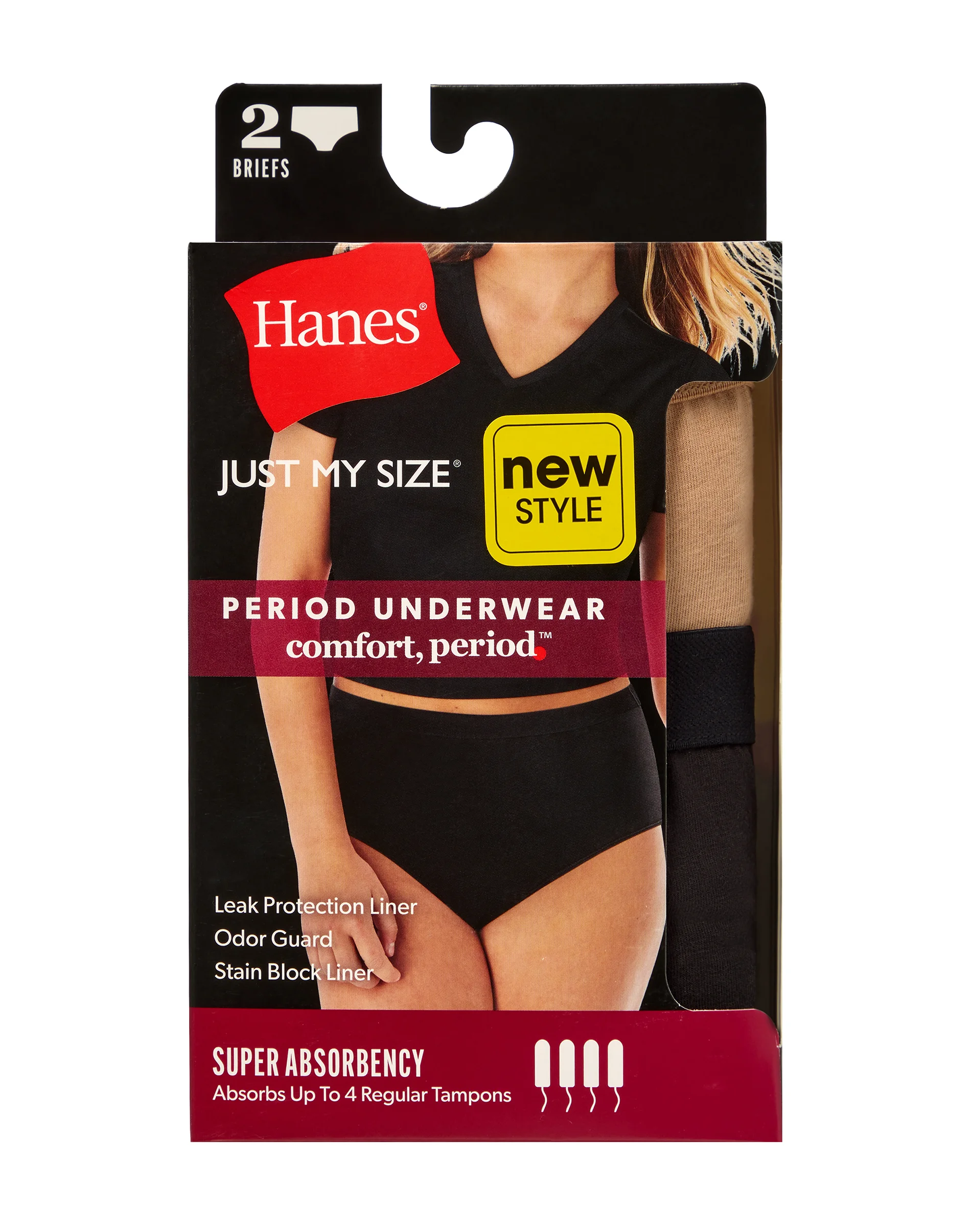 Hanes Just My Size Comfort, Period. Brief Period Underwear, Super Leaks, 2-Pack (PLUS SIZES) #SPP40A