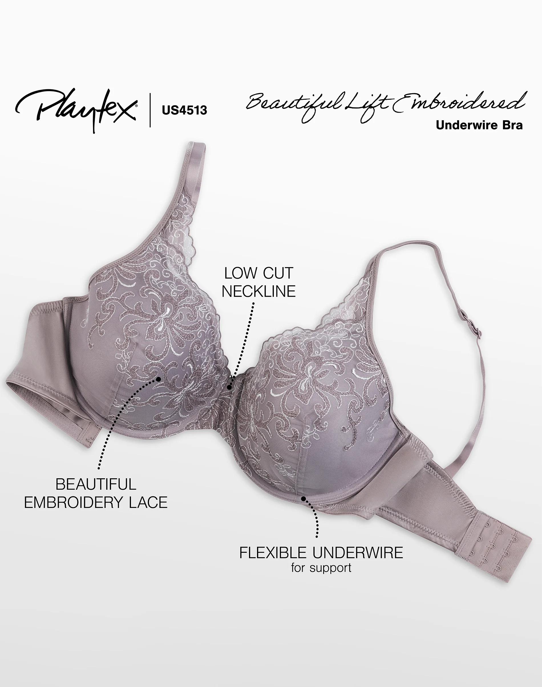 Playtex Secrets Beautiful Lift Embroidered Underwire Bra #US4513
