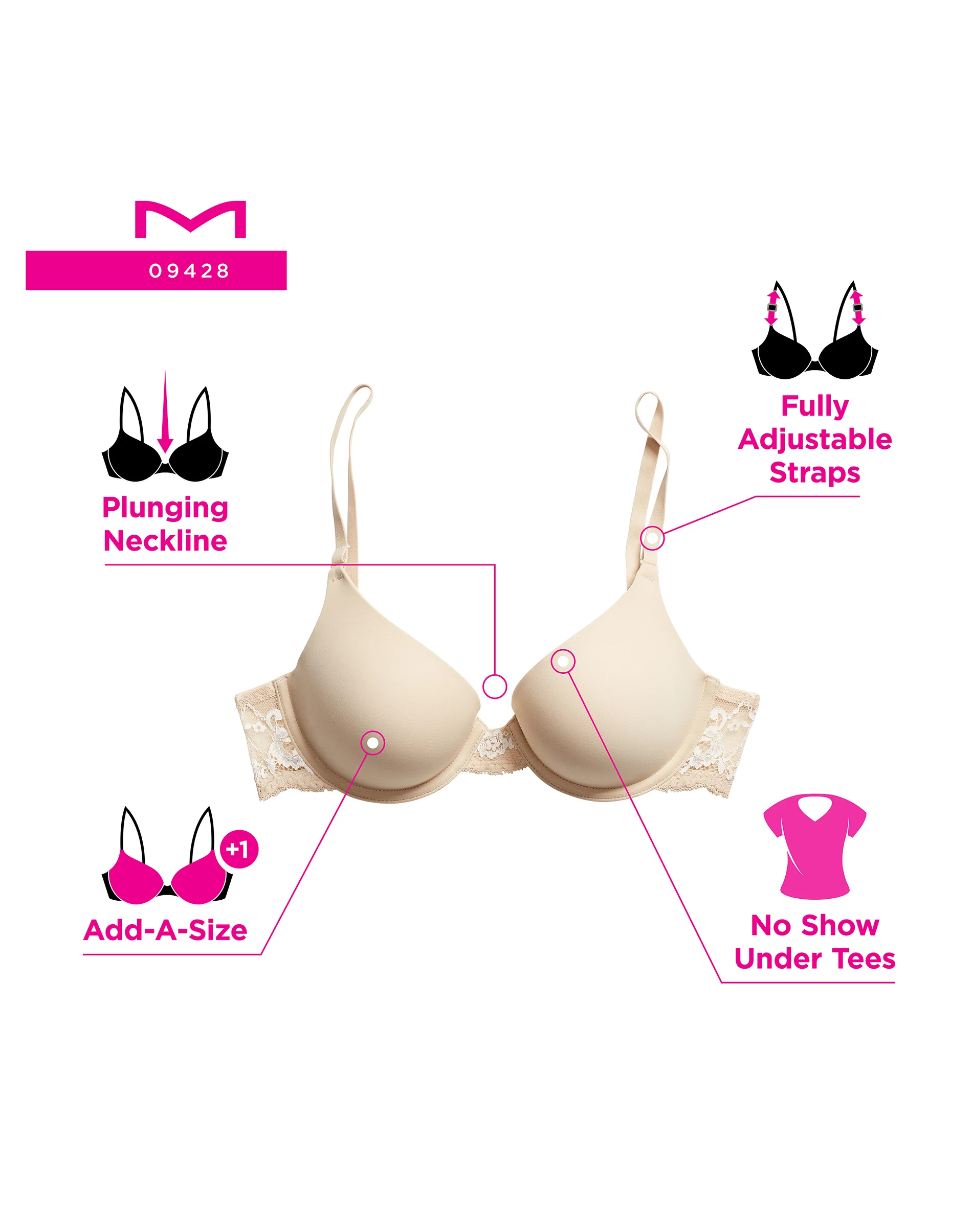 Natural Boost Demi T-Shirt Underwire Push-Up Bra, Lace Trim #09428