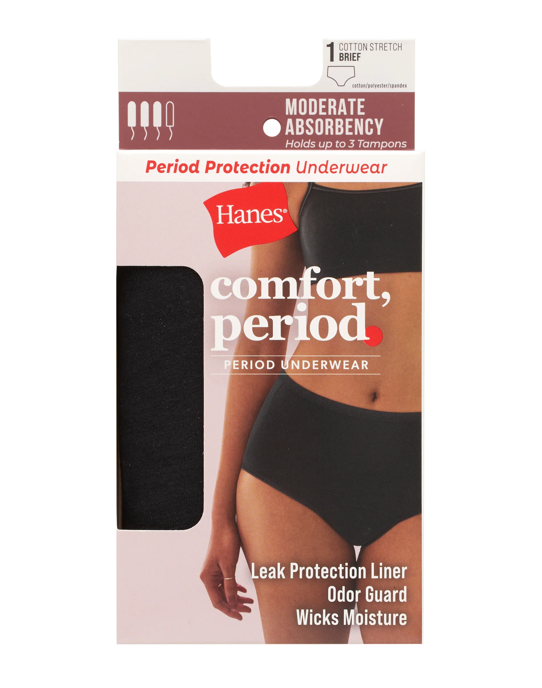 Hanes Comfort, Period. Women's Brief Period Underwear, Moderate Leaks, 1-Pack #CP40M1