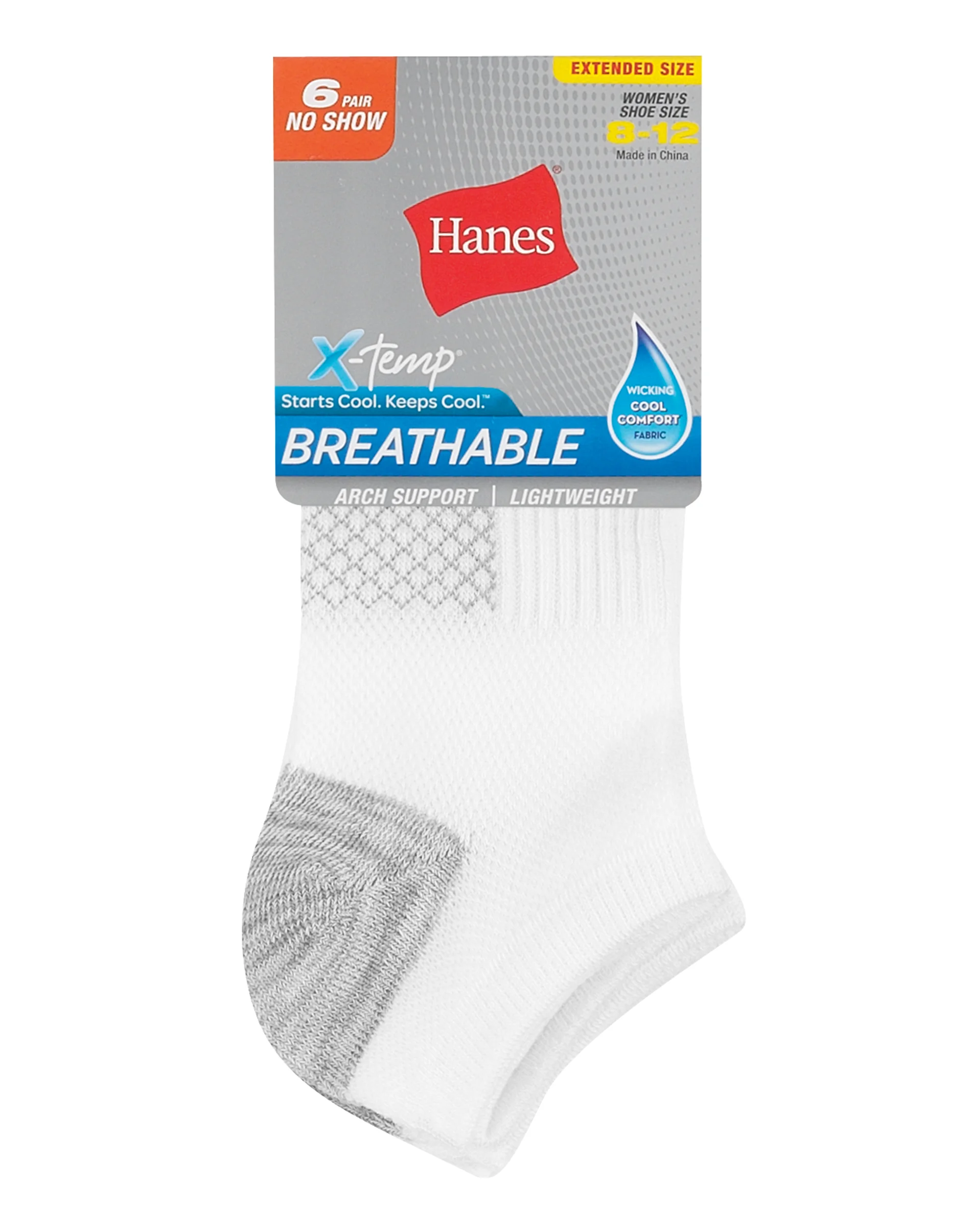 Hanes X-Temp Women's No Show Socks, Extended Sizes, 6-Pairs #4B3L6P