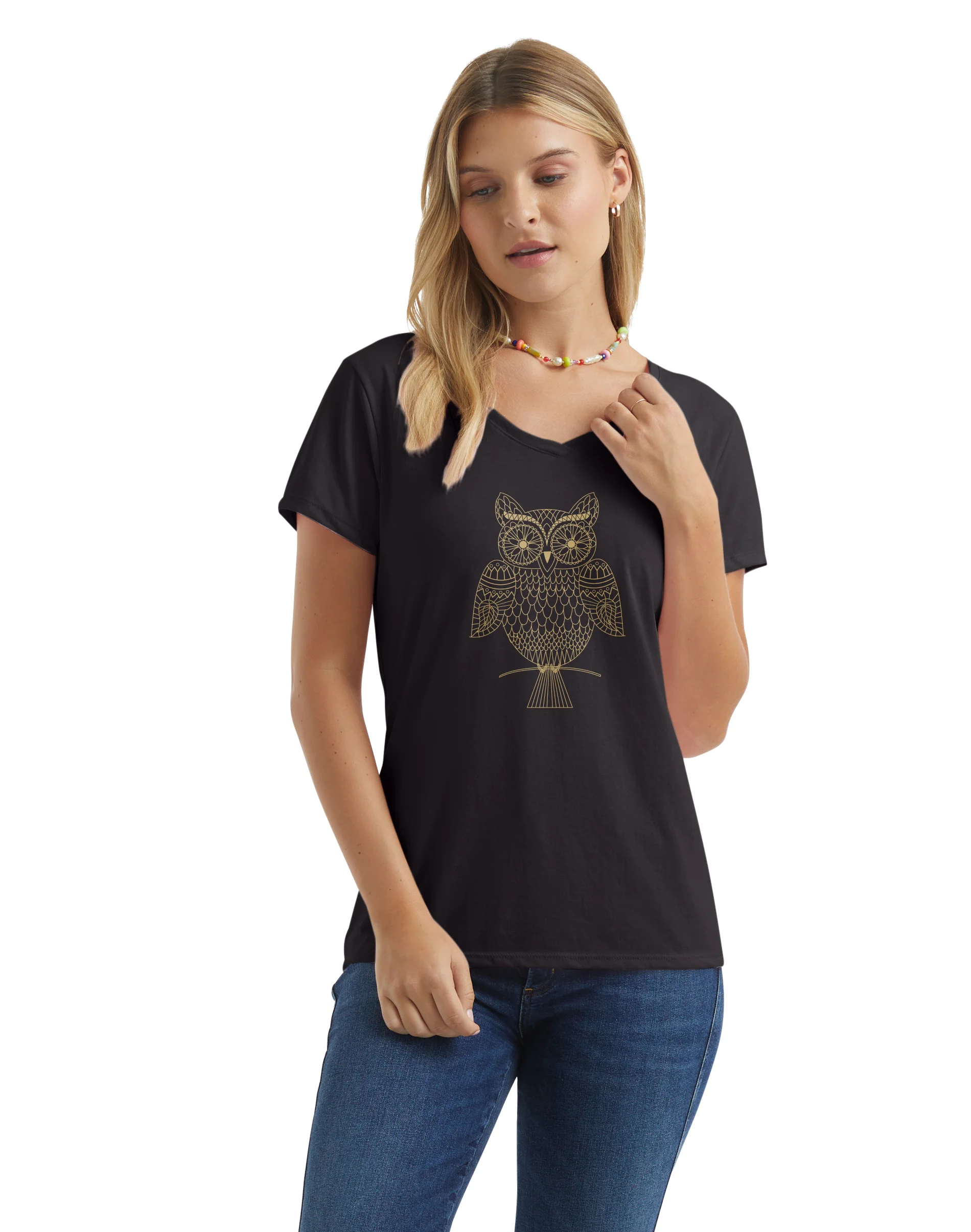Hanes Women's V-Neck Graphic T-Shirt, Glitter Owl #GT9337  Y06919