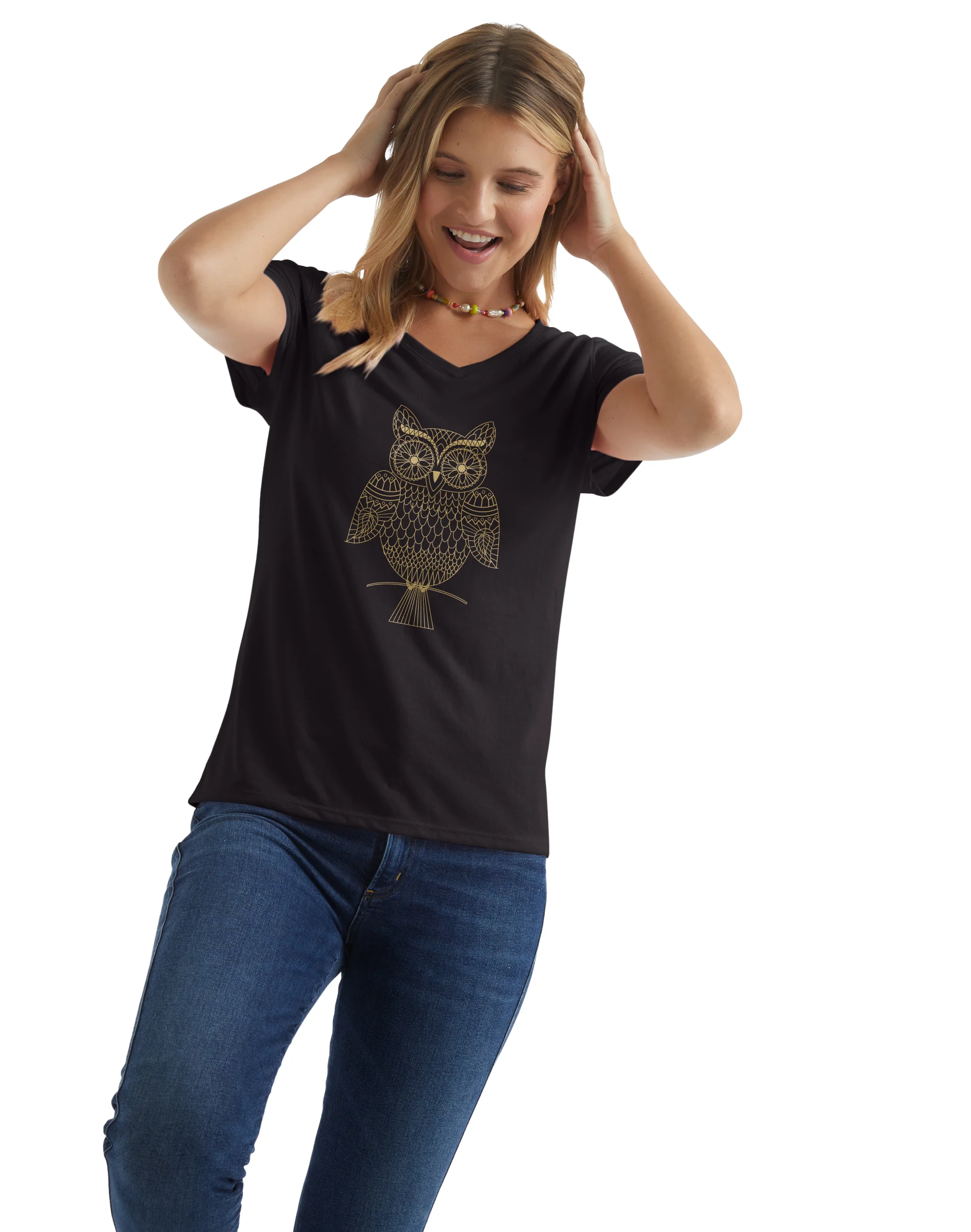 Hanes Women's V-Neck Graphic T-Shirt, Glitter Owl #GT9337  Y06919