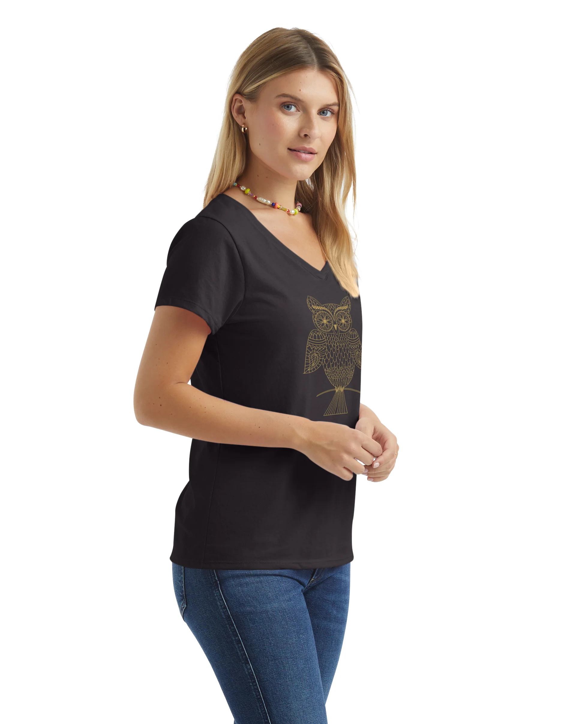 Hanes Women's V-Neck Graphic T-Shirt, Glitter Owl #GT9337  Y06919