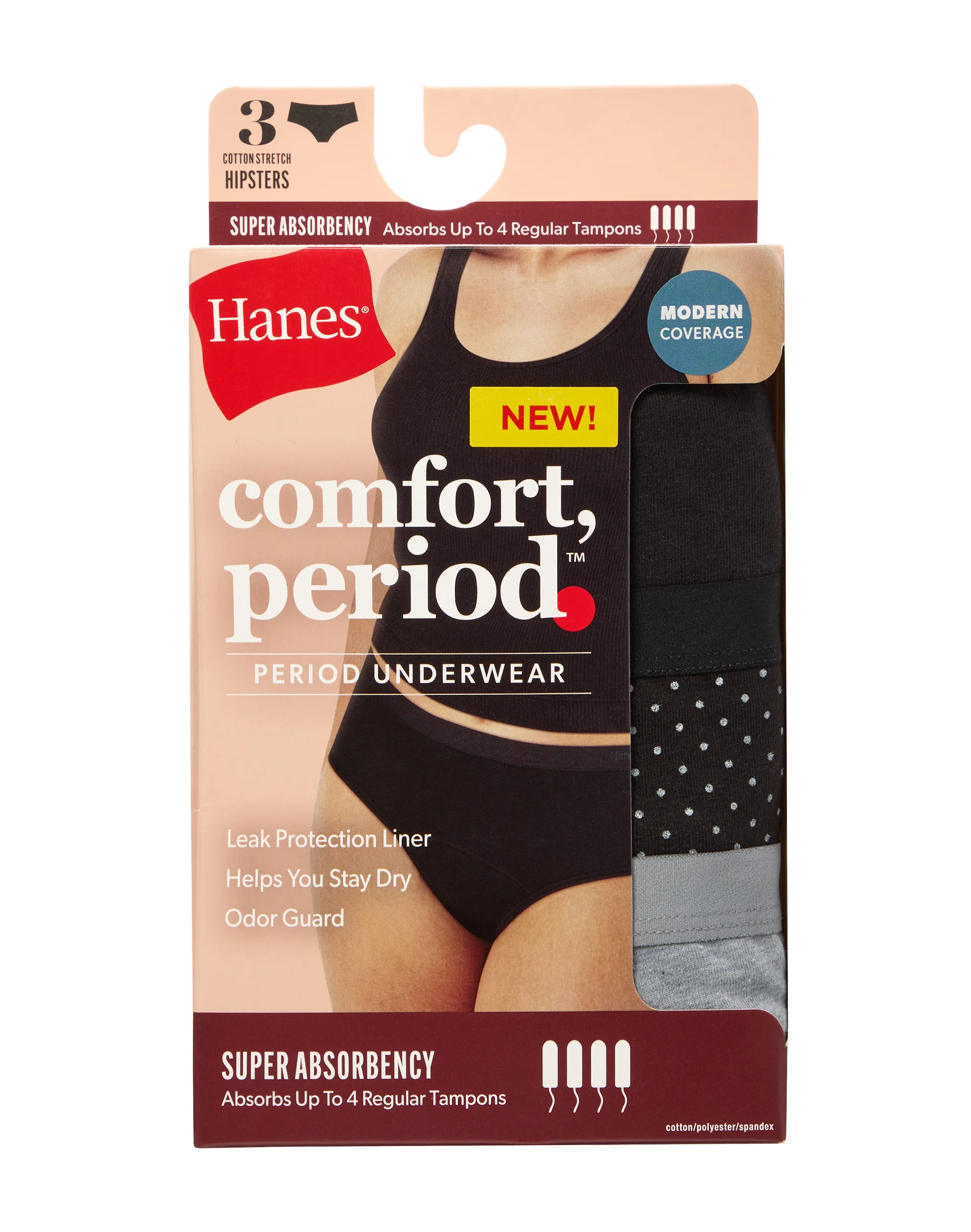 Hanes Comfort, Period. Hipster Period Underwear, Super Leaks, 3-Pack #SP41YA