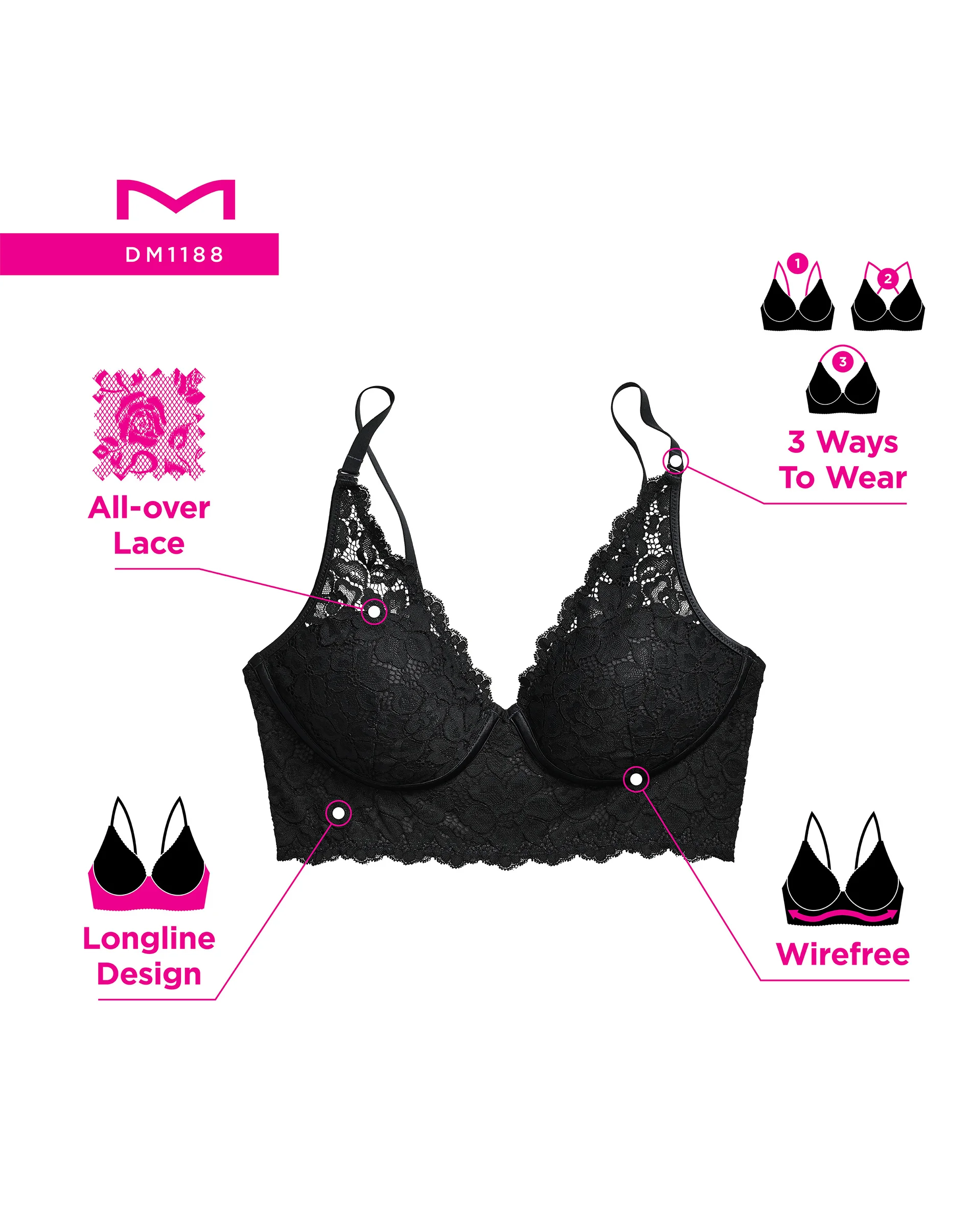 Lightly Lined Convertible Lace Bralette #DM1188