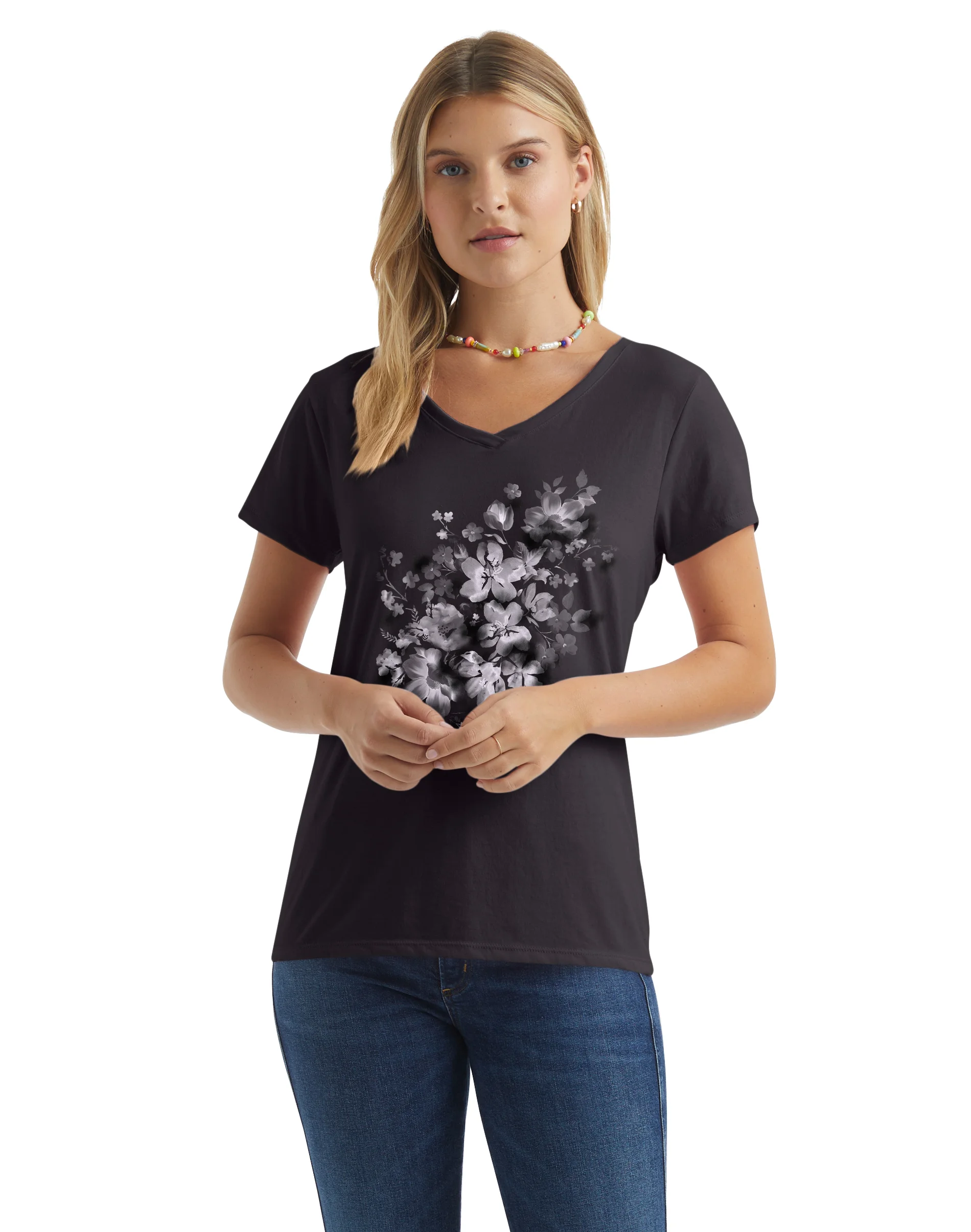 Hanes Women's V-Neck Graphic T-Shirt, Beach Floral Cascade #GT9337  Y06598