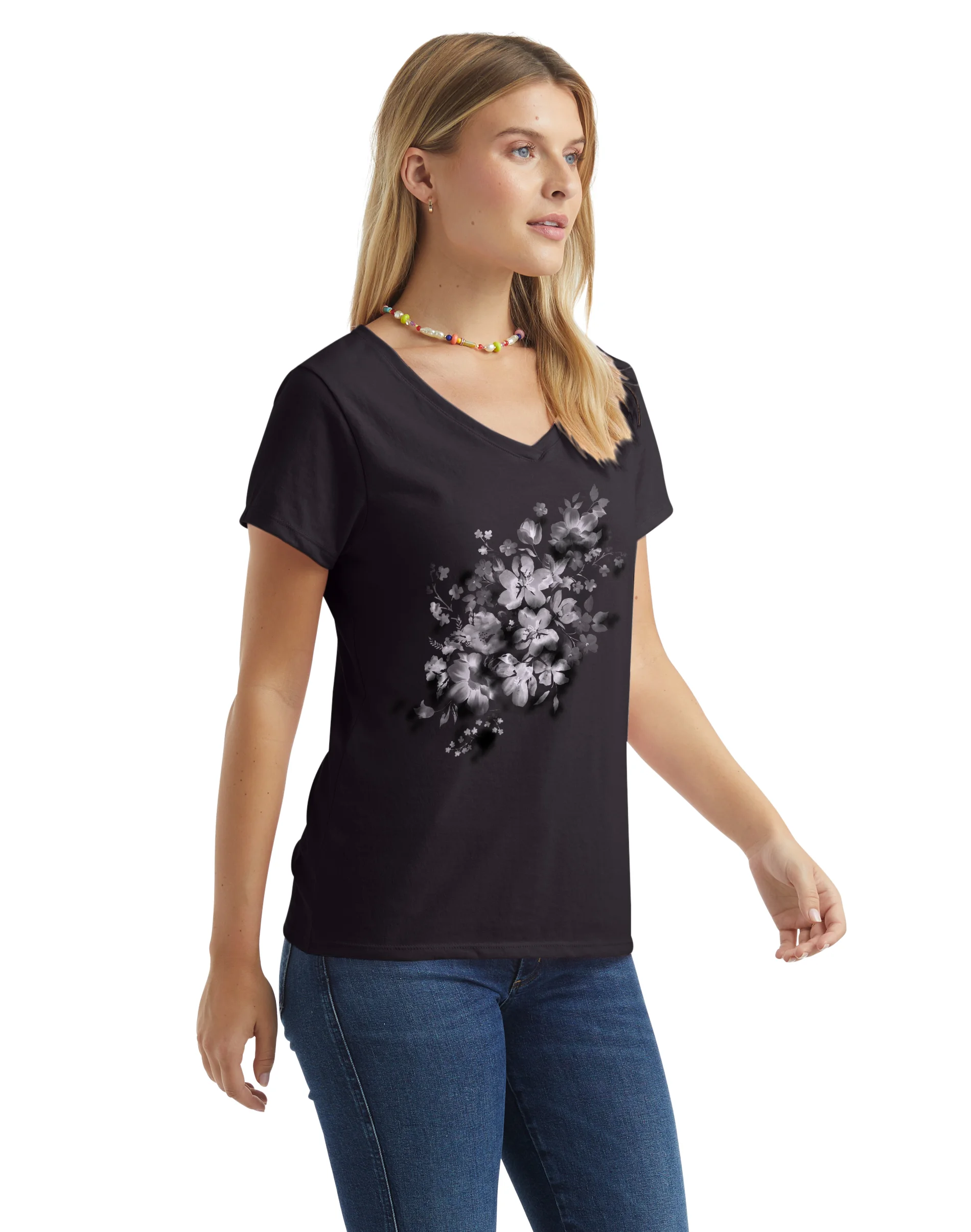 Hanes Women's V-Neck Graphic T-Shirt, Beach Floral Cascade #GT9337  Y06598