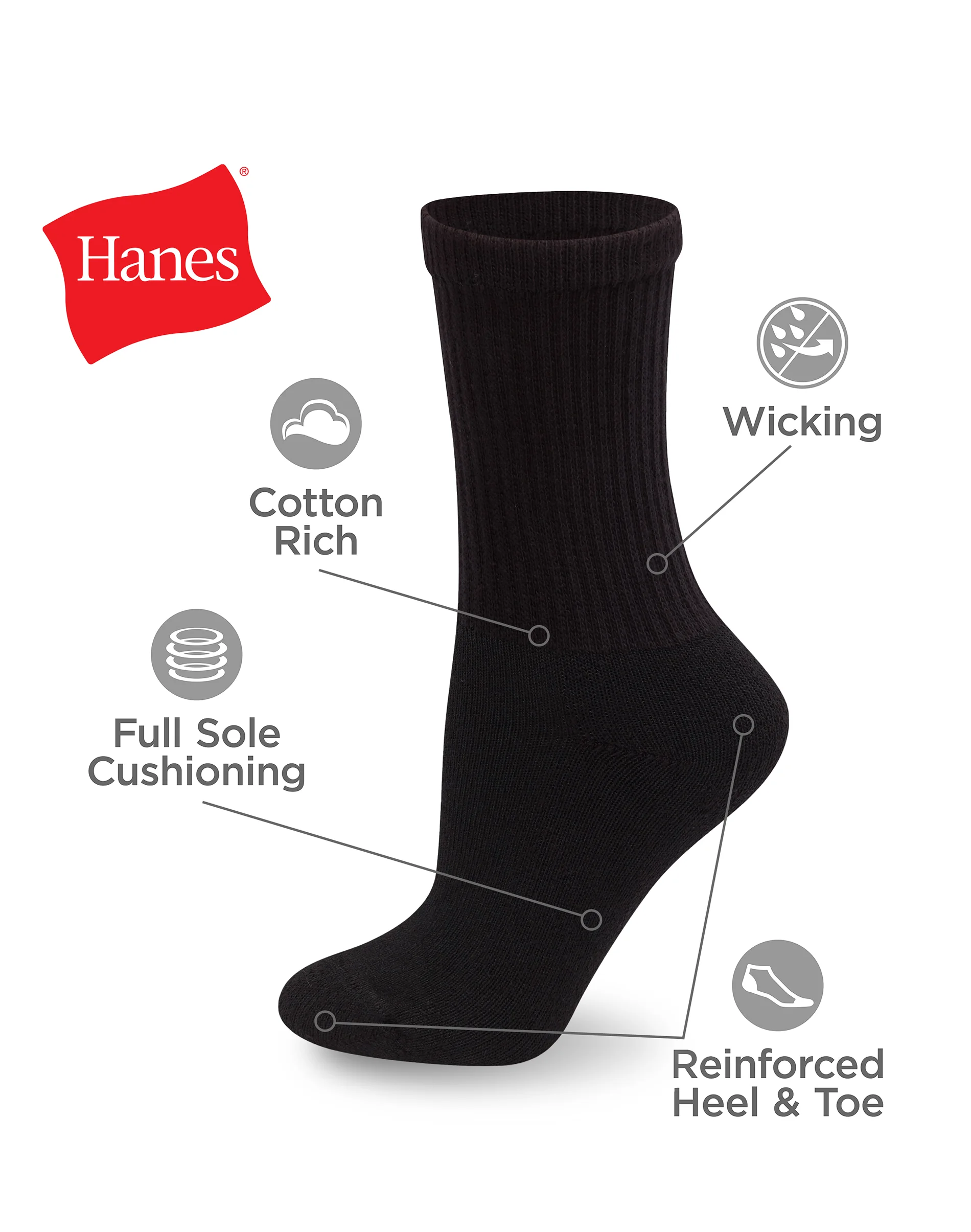 Hanes Women's Athletic Crew Socks, Full Sole Cushion, 10-Pairs #683L10