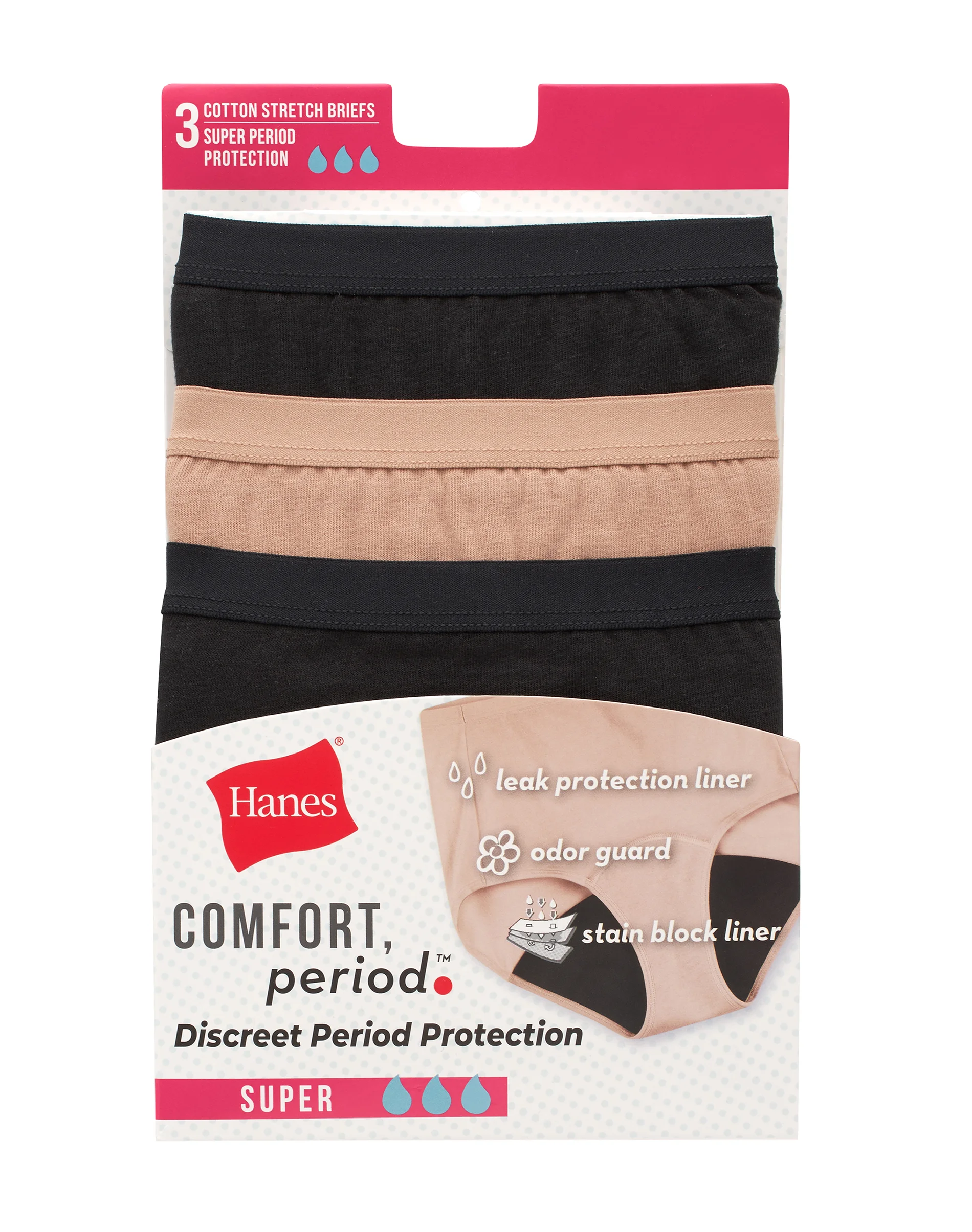 Hanes Comfort, Period. Women's Brief Period Underwear, Super Leaks, 3-Pack #SP40AS