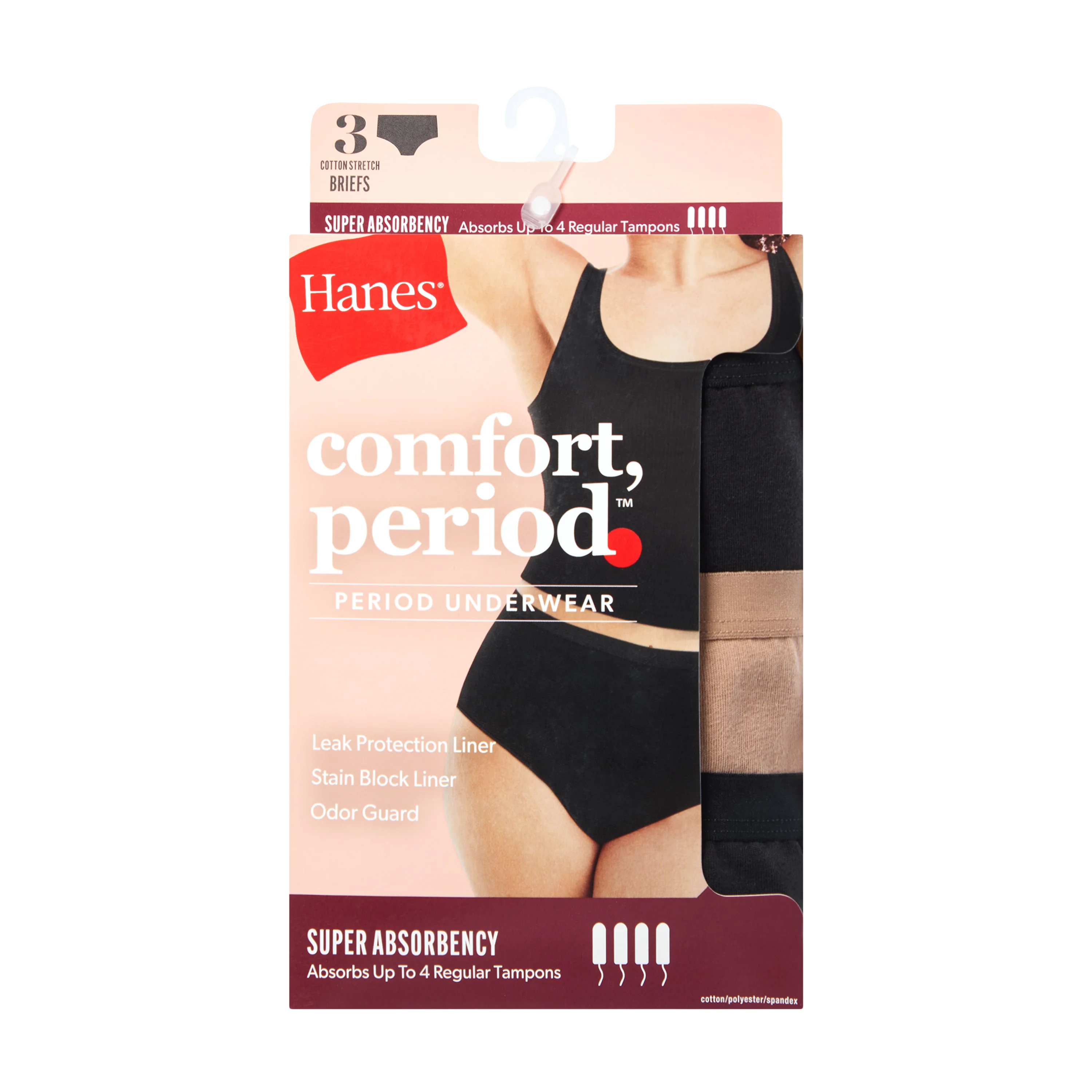 Hanes Comfort, Period. Women's Brief Period Underwear, Super Leaks, 3-Pack #SP40AS