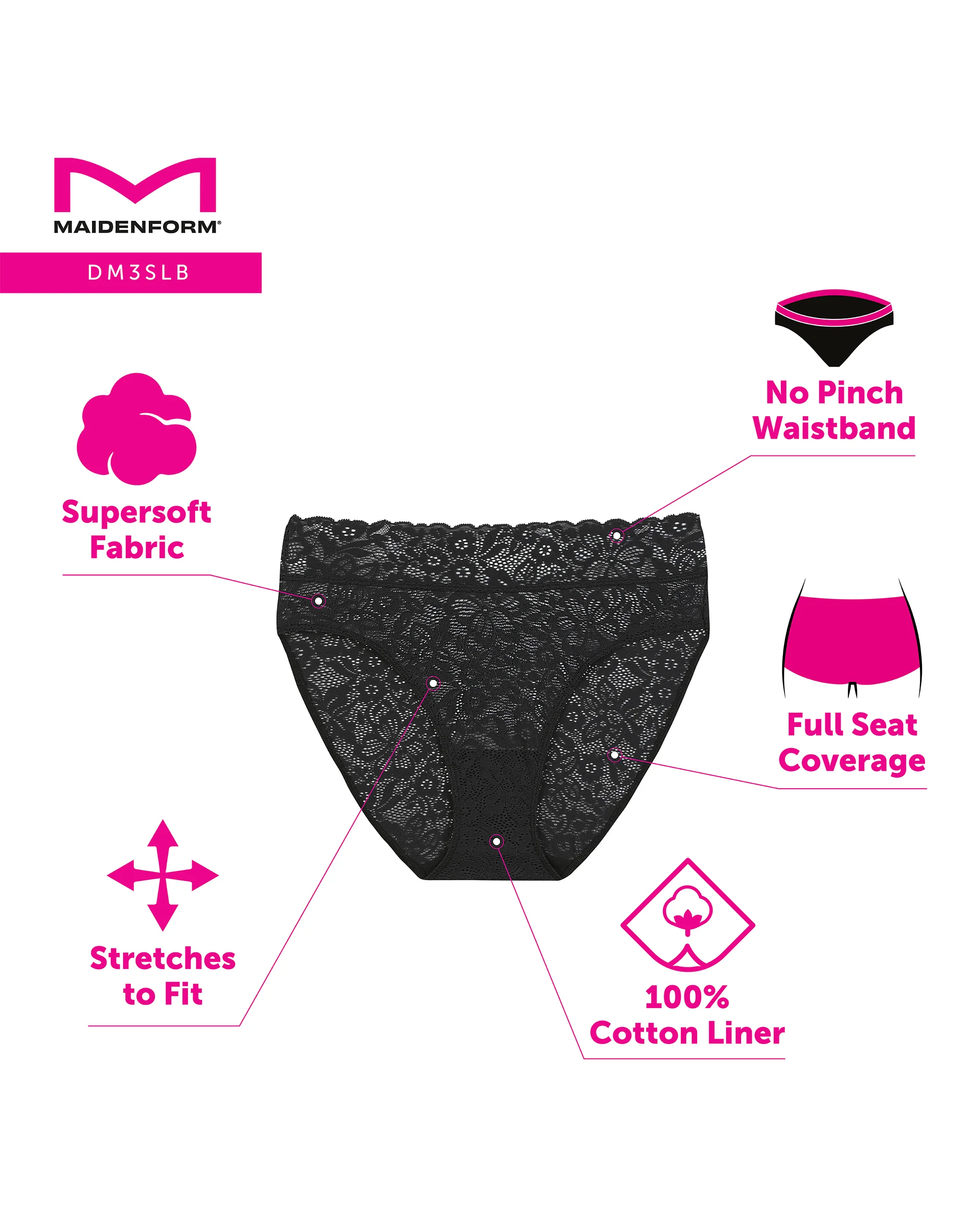 Maidenform Perfect Fit Stretch Lace High Leg Underwear, 3-Pack #DM3SLB