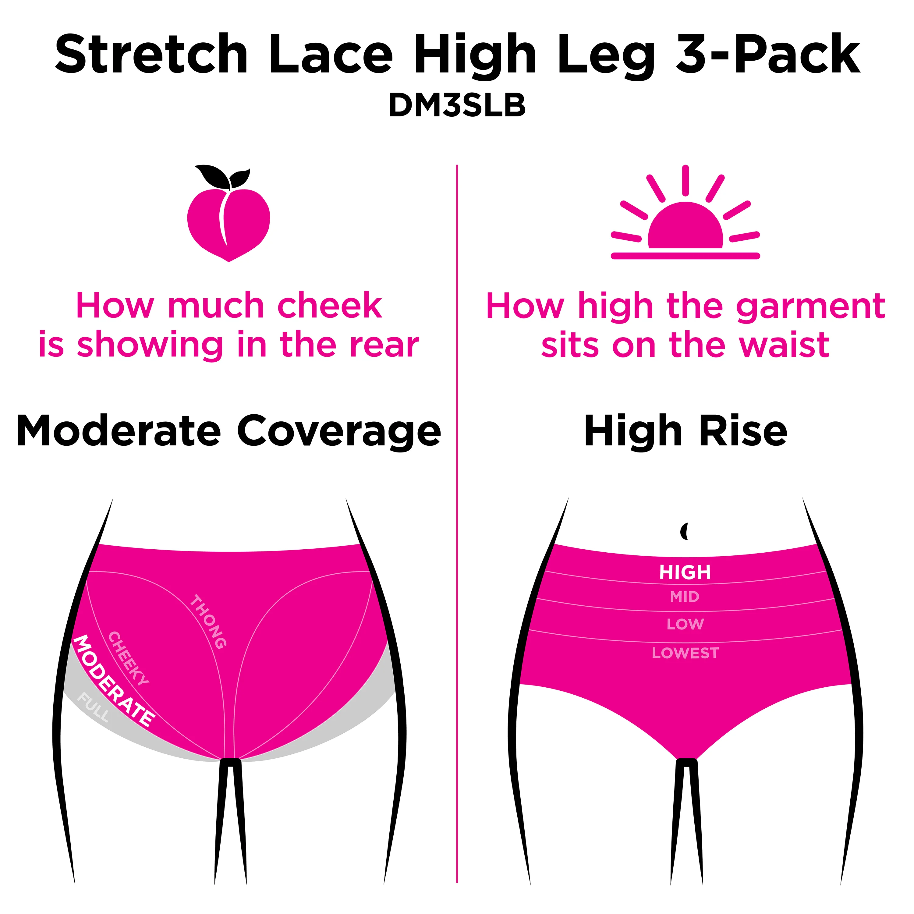 Maidenform Perfect Fit Stretch Lace High Leg Underwear, 3-Pack #DM3SLB 3 Maidenform Perfect Fit Stretch Lace High Leg Underwear, 3-Pack #DM3SLB