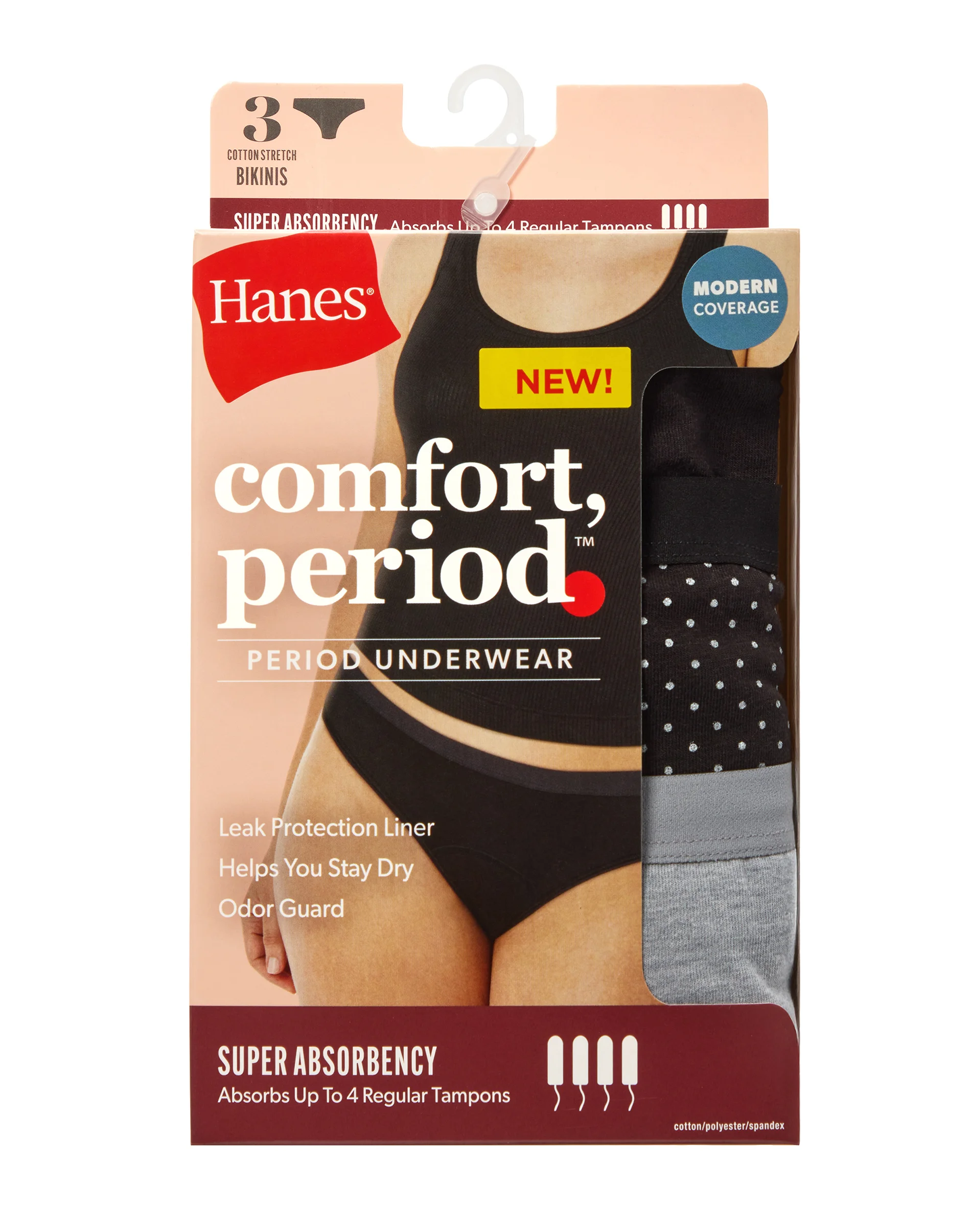 Hanes Comfort, Period. Bikini Period Underwear, Super Leaks, 3-Pack #SP42YA