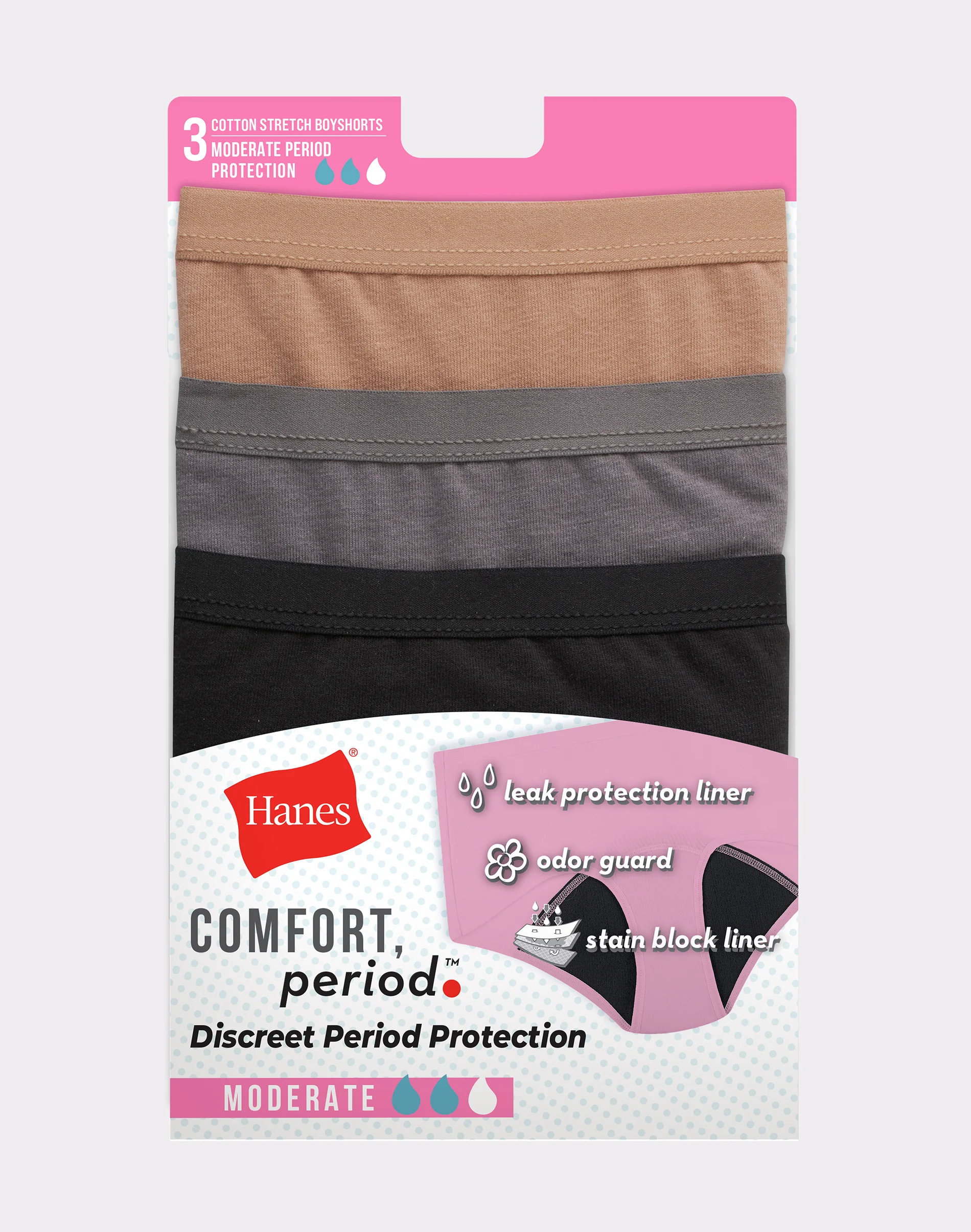 Hanes Comfort, Period. Women's Boyshort Period Underwear, Moderate Leaks, Neutrals, 3-Pack #FD49AS