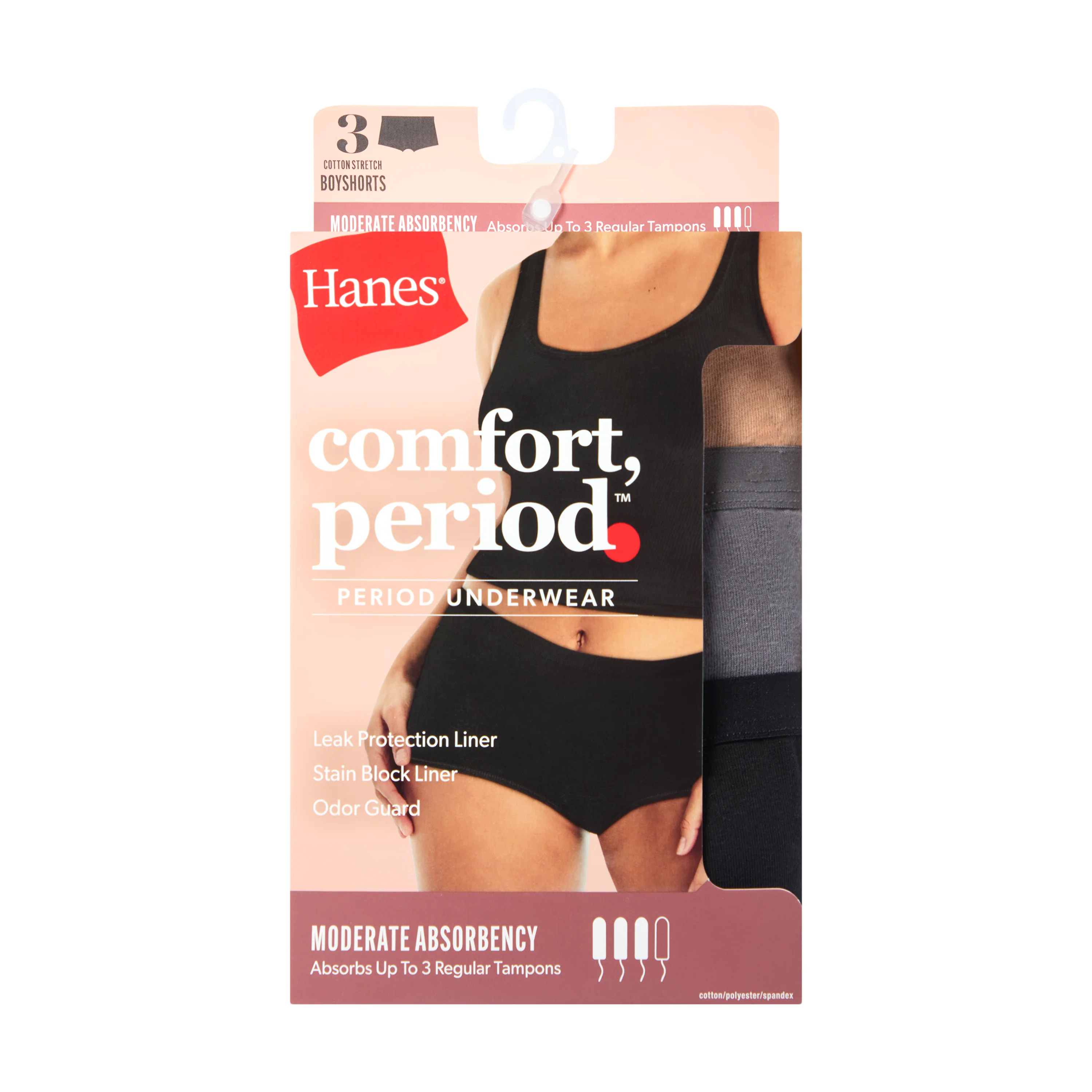 Hanes Comfort, Period. Women's Boyshort Period Underwear, Moderate Leaks, Neutrals, 3-Pack #FD49AS